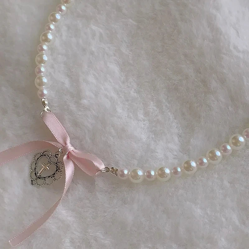 Bow Love Cross Pearl Pendant Necklace - Romantic Lolita Harajuku Jewelry for Women