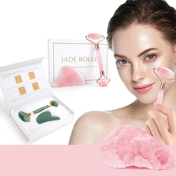 Rose Quartz Jade Roller & Gua Sha Set - Facial & Body Massager for Beauty & Relaxation